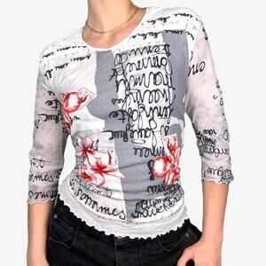 Mesh y2k graphic top 3/4 sleeve top